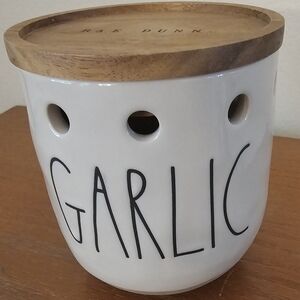 Rae Dunn Cream Garlic Keeper with Wooden Lid